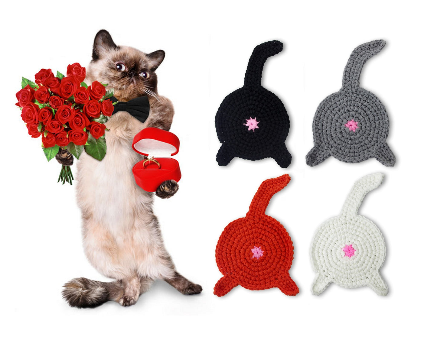 4 Piece - CAT BUTT Crochet Drink Coaster Set - By BUTTSTERS - Crazy Cat Lady