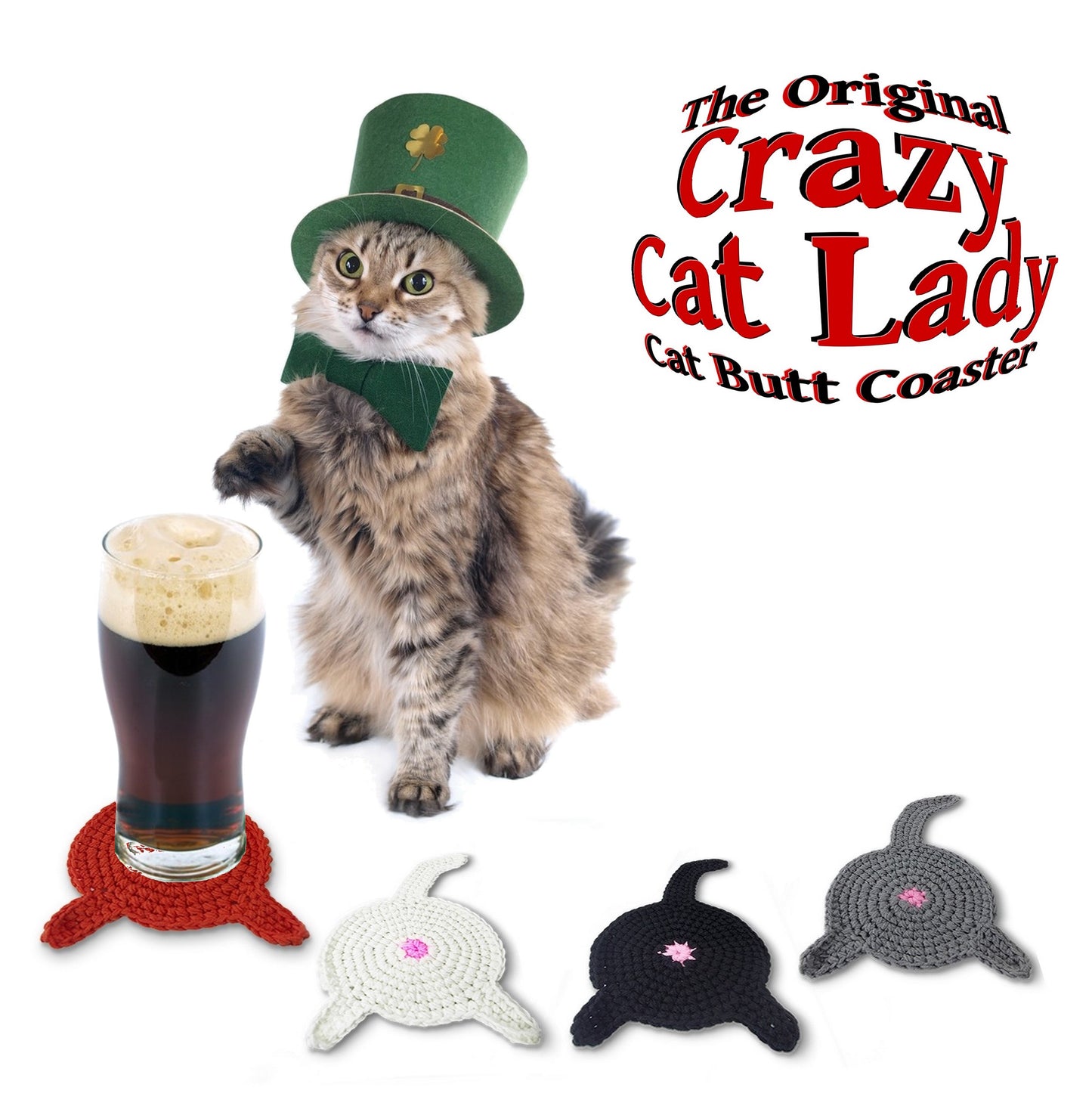 4 Piece - CAT BUTT Crochet Drink Coaster Set - By BUTTSTERS - Crazy Cat Lady
