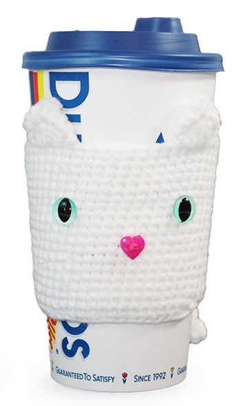 Coffee Cat - Handmade Crochet Cup Sleeve Cozy - WHITE