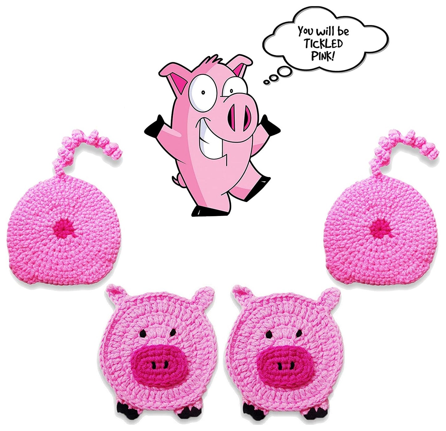 4 Piece - PIG BUTT Funny Farm Animal Crochet Drink Coaster Gift Set - By BUTTSTERS