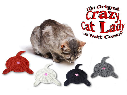 4 Piece - CAT BUTT Crochet Drink Coaster Set - By BUTTSTERS - Crazy Cat Lady