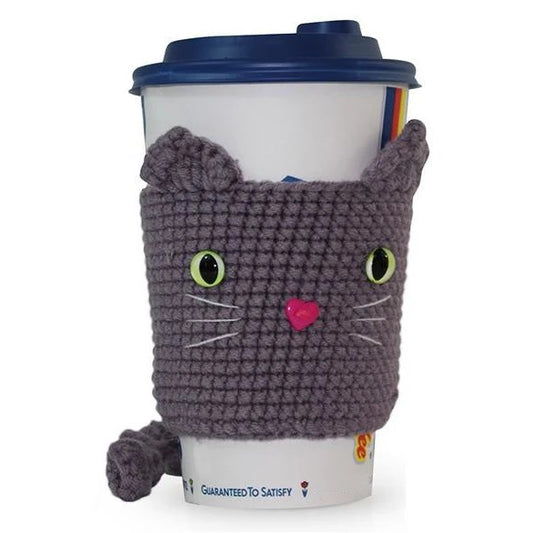 Coffee Cat - Handmade Crochet Cup Sleeve Cozy - GREY