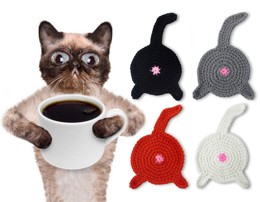 4 Piece - CAT BUTT Crochet Drink Coaster Set - By BUTTSTERS - Crazy Cat Lady
