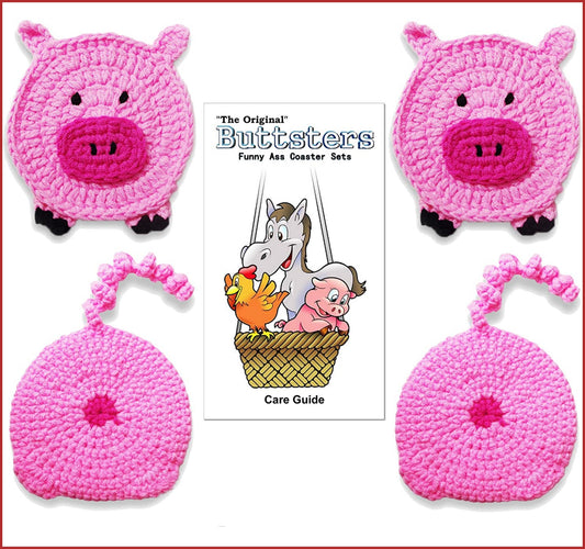 4 Piece - PIG BUTT Funny Farm Animal Crochet Drink Coaster Gift Set - By BUTTSTERS