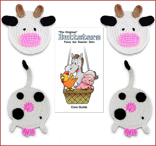 4 Piece - COW BUTT Funny Farm Animal Crochet Drink Coaster Gift Set - By BUTTSTERS