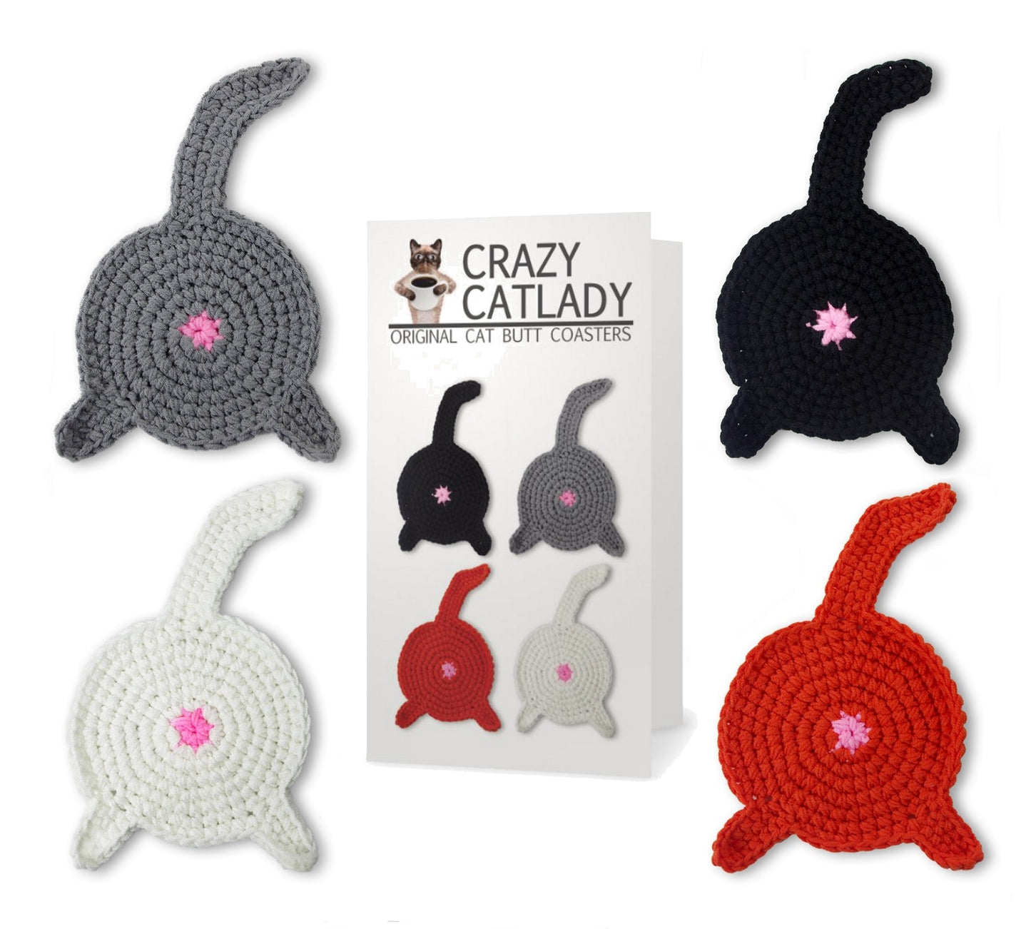 4 Piece - CAT BUTT Crochet Drink Coaster Set - By BUTTSTERS - Crazy Cat Lady