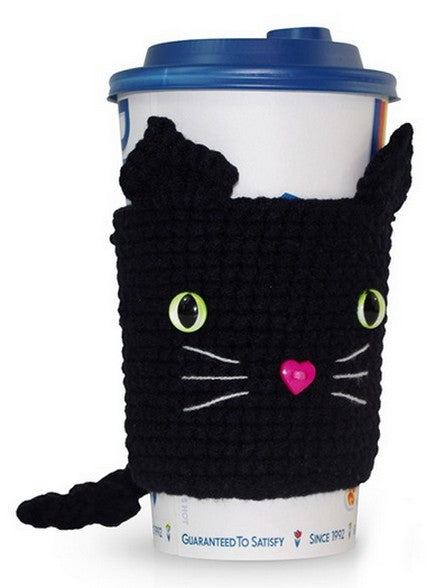 Coffee Cat - Handmade Crochet Cup Sleeve Cozy - BLACK