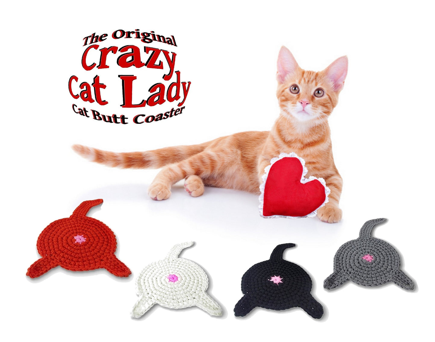 4 Piece - CAT BUTT Crochet Drink Coaster Set - By BUTTSTERS - Crazy Cat Lady