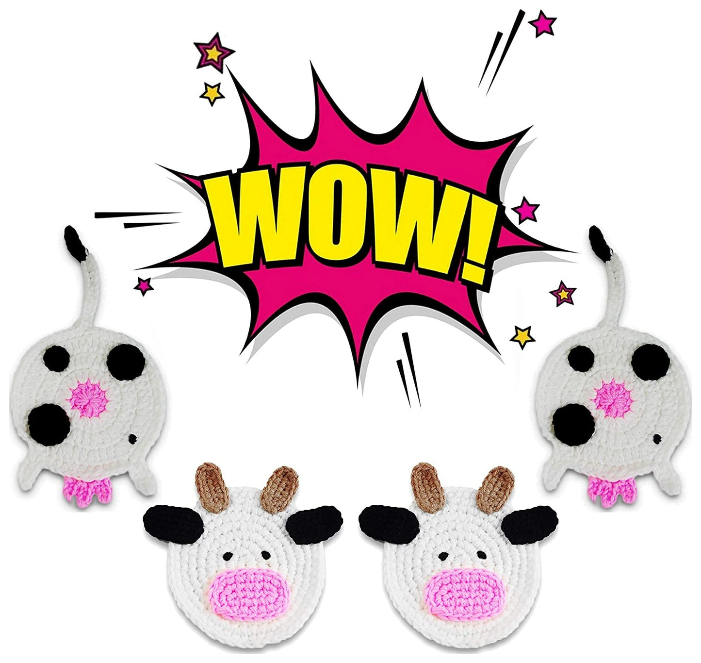 4 Piece - COW BUTT Funny Farm Animal Crochet Drink Coaster Gift Set - By BUTTSTERS